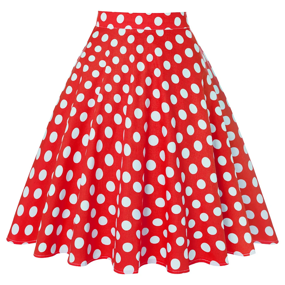 

Women Midi Skirt Runway Vintage Rockabilly Womens 50s Cotton Skirts High Waist Polka Dots Red Black Skirt