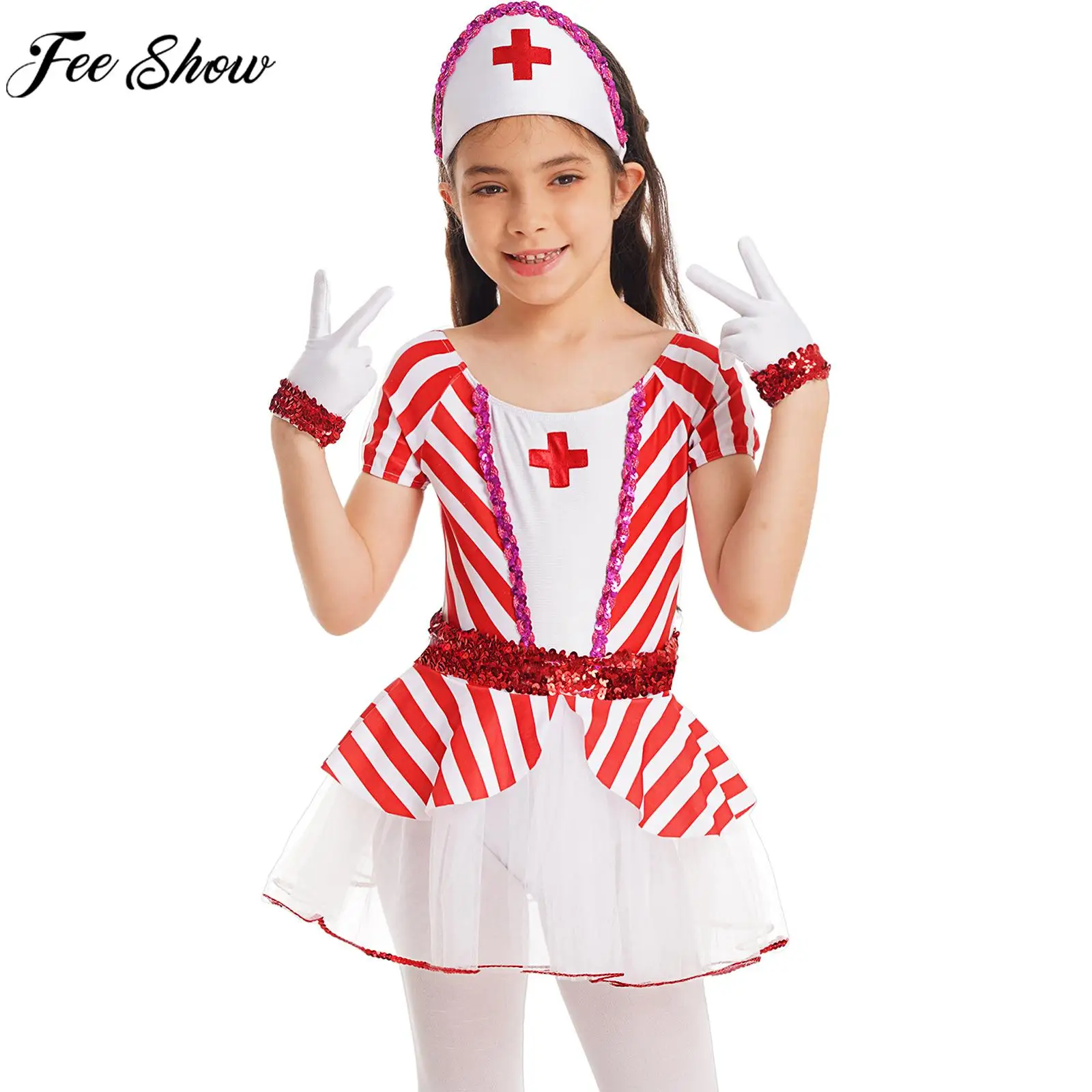 

Girls Christmas Halloween Nurse Cosplay Costume Short Sleeve Mesh Tutu Dress with Headband and Belt Gloves Theme Party Outfits