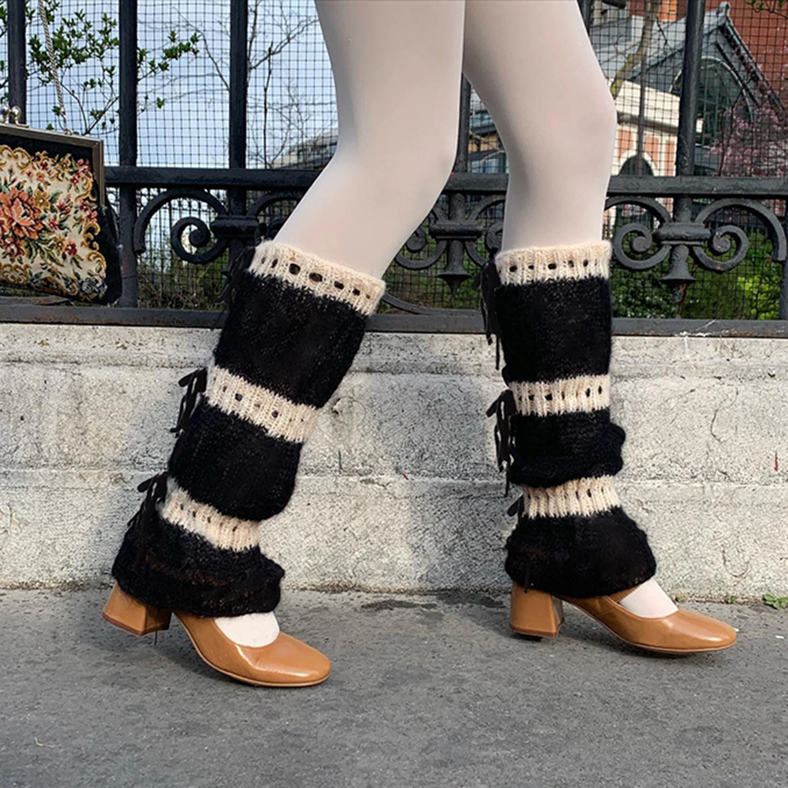 

Color Contrast Ballet Socks Drawstring Style Women Calf Stockings Splicing Knitted Stockings Bow Tie Leg Warmers Vacation Outfit