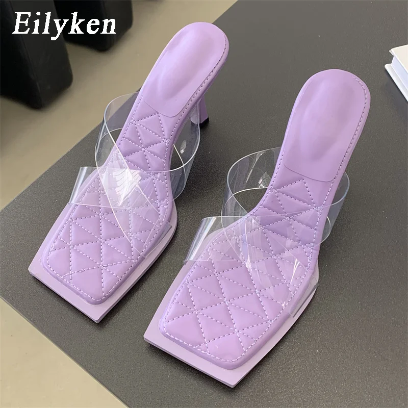 

New Sexy PVC Transparent Thin High Heels Jelly Woman Slippers Summer Square Toe Party Prom Slide Designer Shoes