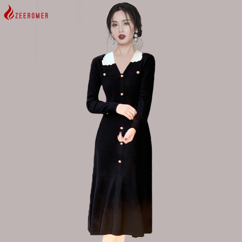 2022 Autumn Korean Black Long Sleeve Tight Knit Dress Women Fashion Sexy Contrast V-neck Elastic Midi Slim Party Sweater Dress
2022 Autumn Korean Black Long Sleeve Tight Knit Dress Women Fashion Sexy Contrast V-neck Elastic Midi Slim Party Sweater Dress