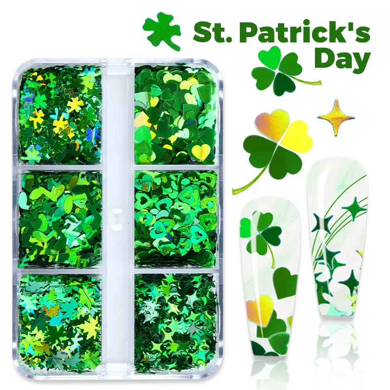 6 Grids/box Nail Glitter Flakes Mixed Spring Green Nail Art Sequins Four-leaf Clover Slices 3D Glitter Flake Manicure Decor
6 Grids/box Nail Glitter Flakes Mixed Spring Green Nail Art Sequins Four-leaf Clover Slices 3D Glitter Flake Manicure Decor
