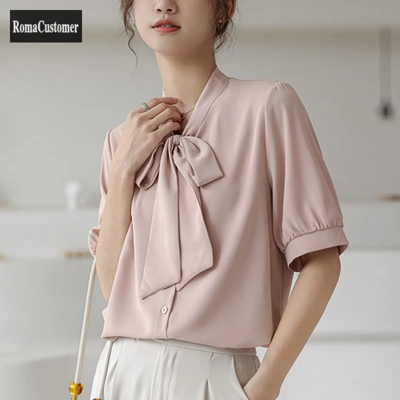 V-Neck Chiffon Shirt Womens Summer New Short Sleeve France Style Bow Puff Sleeve Casual Tops All-Match Straight Female Blouse
V-Neck Chiffon Shirt Womens Summer New Short Sleeve France Style Bow Puff Sleeve Casual Tops All-Match Straight Female Blouse