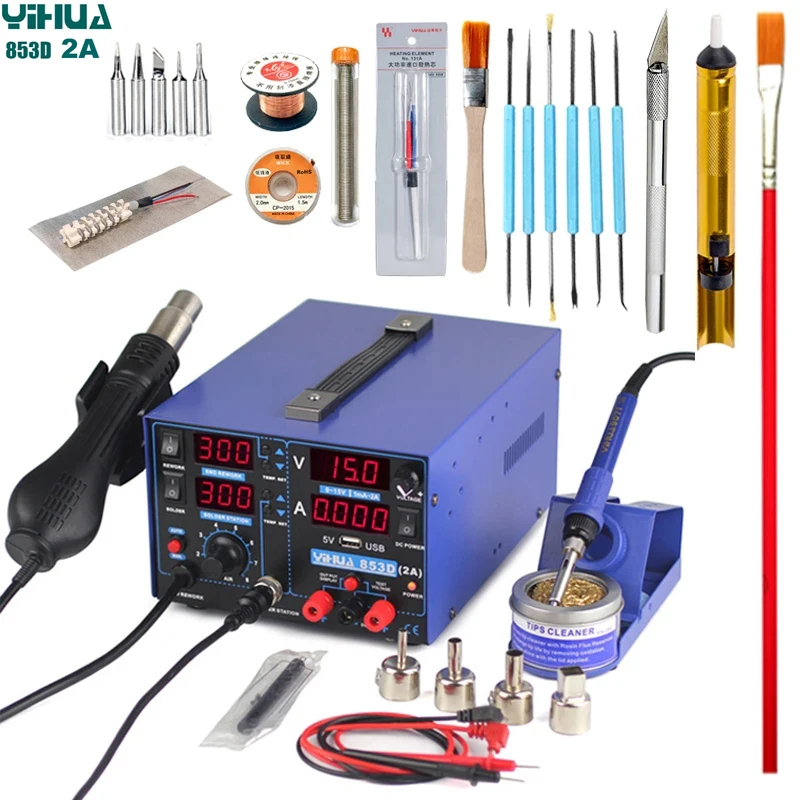 YIHUA 853D Soldering Station 2A 15V USB Power Output 3 In 1 Station Hot Air Gun Solder Iron Repair BGA Electronic Welding Rework
YIHUA 853D Soldering Station 2A 15V USB Power Output 3 In 1 Station Hot Air Gun Solder Iron Repair BGA Electronic Welding Rework