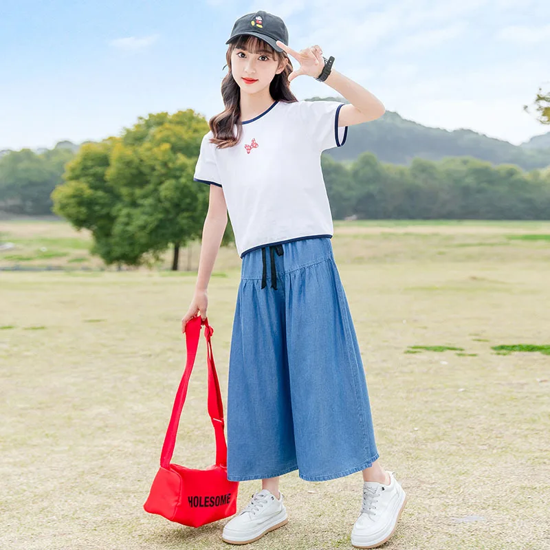 Summer Girls Cotton Contrast White T-shirt Tops+Blue Loose Drawstring Pants Set School Kids Tracksuit Child Outfit Suit 3-16Yrs
Summer Girls Cotton Contrast White T-shirt Tops+Blue Loose Drawstring Pants Set School Kids Tracksuit Child Outfit Suit 3-16Yrs