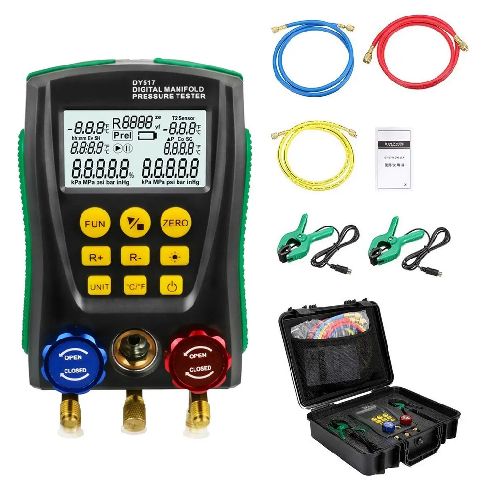 DY517 Digital Manifold Gauge HVAC Air-conditioning Manifold Pressure Gauge for Refrigerant Temperature Tester with 2pcs Clamp
DY517 Digital Manifold Gauge HVAC Air-conditioning Manifold Pressure Gauge for Refrigerant Temperature Tester with 2pcs Clamp