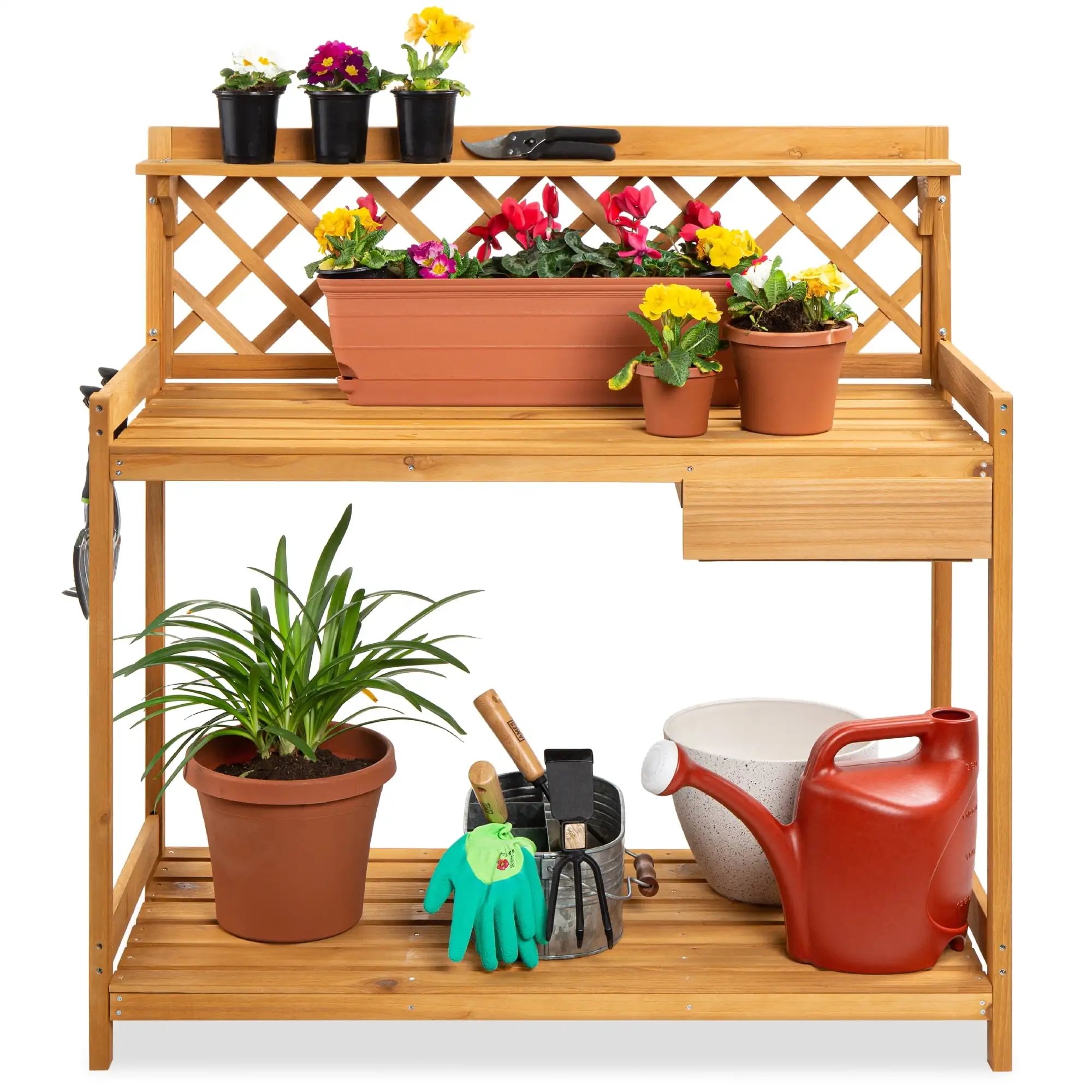 Best Choice Products Outdoor Wooden Garden Potting Bench, Workstation Table w/ Cabinet Drawer, Open Shelf - Natural
Best Choice Products Outdoor Wooden Garden Potting Bench, Workstation Table w/ Cabinet Drawer, Open Shelf - Natural