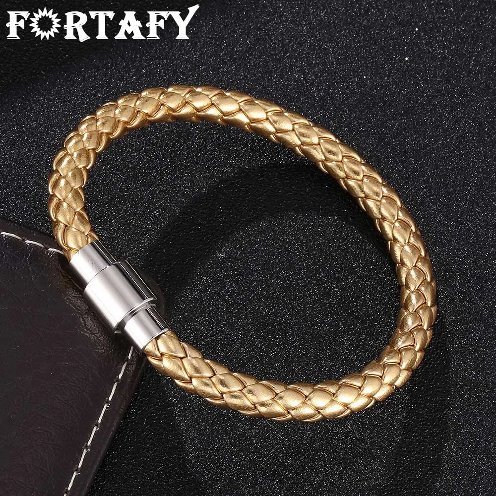 FORTAFY Punk Men Women Jewelry Accessories Golden Leather Bracelet Stainless Steel Magnet Buckle Fashion Wristband Gifts FR0517
FORTAFY Punk Men Women Jewelry Accessories Golden Leather Bracelet Stainless Steel Magnet Buckle Fashion Wristband Gifts FR0517