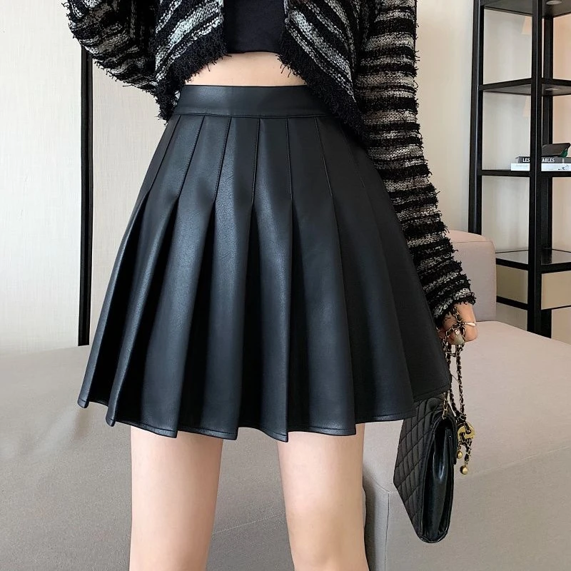 Женская плиссированная мини-юбка из ПУ кожи, с высокой талией
Женская плиссированная мини-юбка из ПУ кожи, с высокой талией