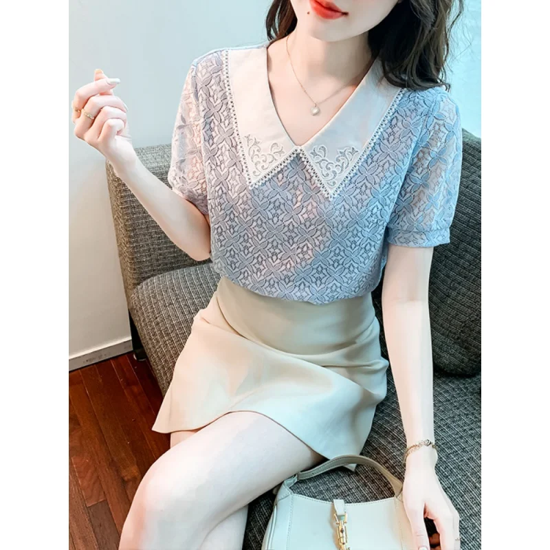 2022 Summer Women Shirts Peter Pan Collar Shirt Womens Tops Short-sleeve Blouse Chiffon Blouses for Women Fashion Women Clothing
2022 Summer Women Shirts Peter Pan Collar Shirt Womens Tops Short-sleeve Blouse Chiffon Blouses for Women Fashion Women Clothing