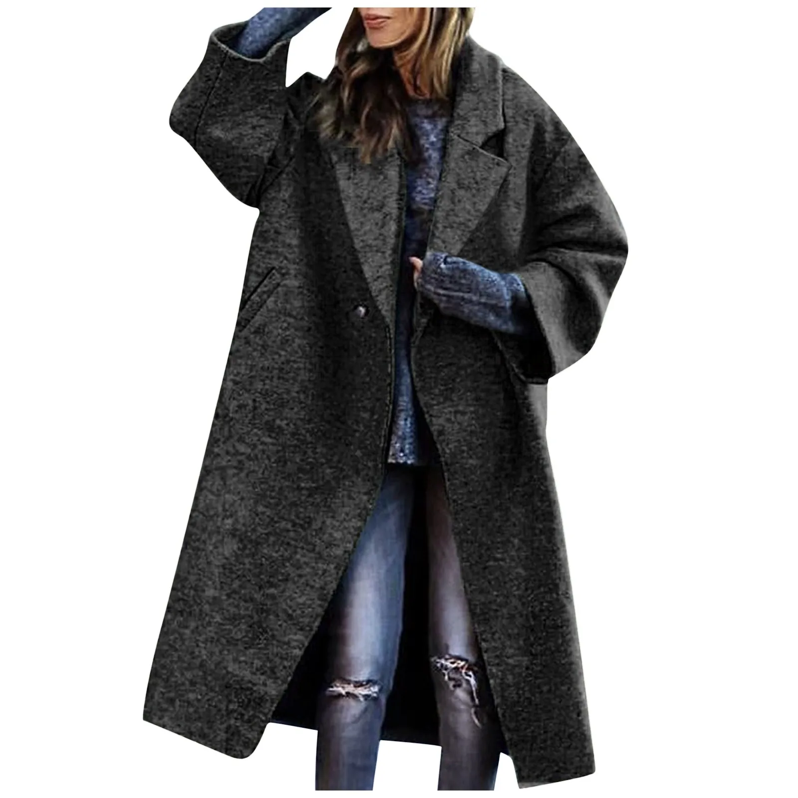 

Женское Однотонное шерстяное пальто, модное толстое пальто, сезон осень-зима 2023, Кардиган с длинным рукавом и лацканами, трендовые теплые шерстяные пальто