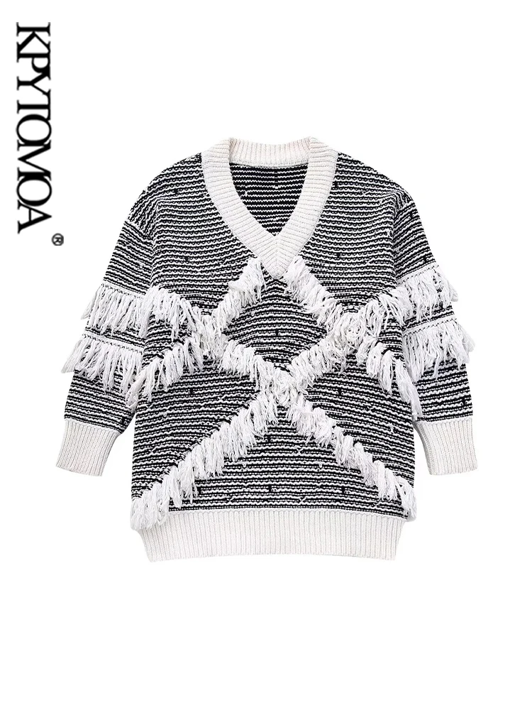 KPYTOMOA Women Fashion With Fringing Jacquard Oversized Knit Sweater Vintage V Neck Long Sleeves Female Pullovers Chic Tops
KPYTOMOA Women Fashion With Fringing Jacquard Oversized Knit Sweater Vintage V Neck Long Sleeves Female Pullovers Chic Tops