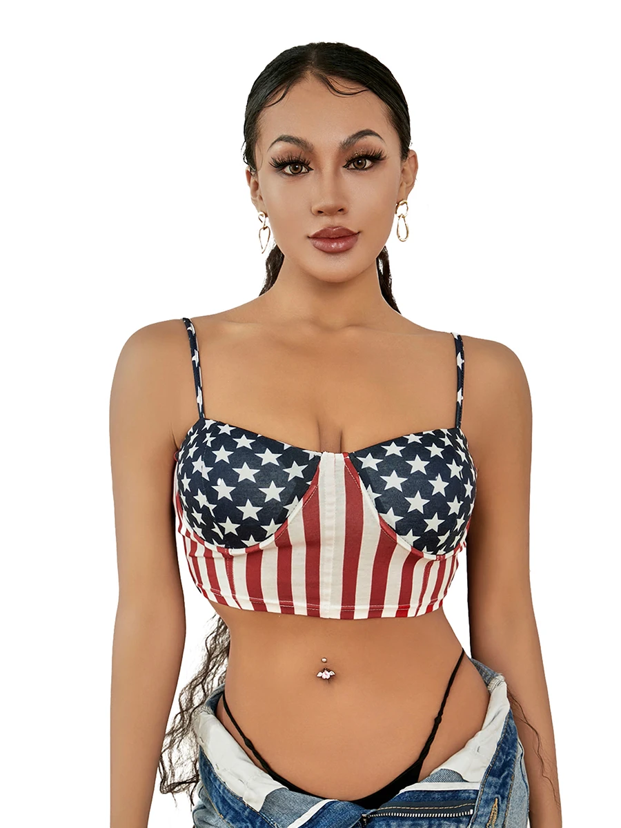 

Women Summer 4th of July Independence Day Stars Stripes Sleeveless Crop Cami Tops for Streetwear Clubwear (Blue-124355 L)