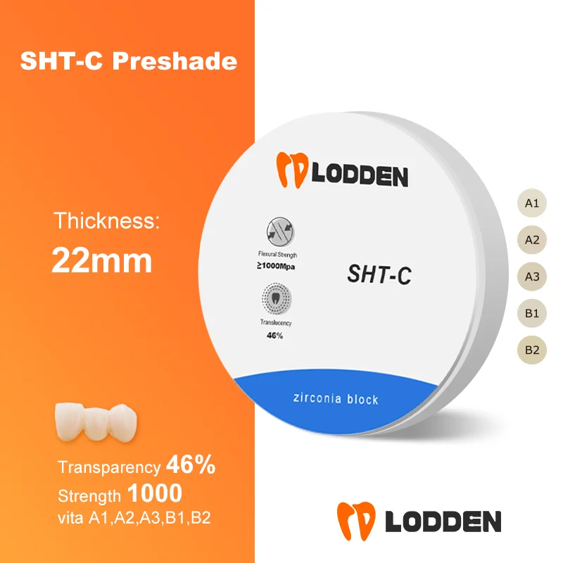 Dental Lab Zirconia Block SHT-C Preshade 98*22mm Transparency 46% Strength 1000 for dental CAD CAM roland milling machine
Dental Lab Zirconia Block SHT-C Preshade 98*22mm Transparency 46% Strength 1000 for dental CAD CAM roland milling machine