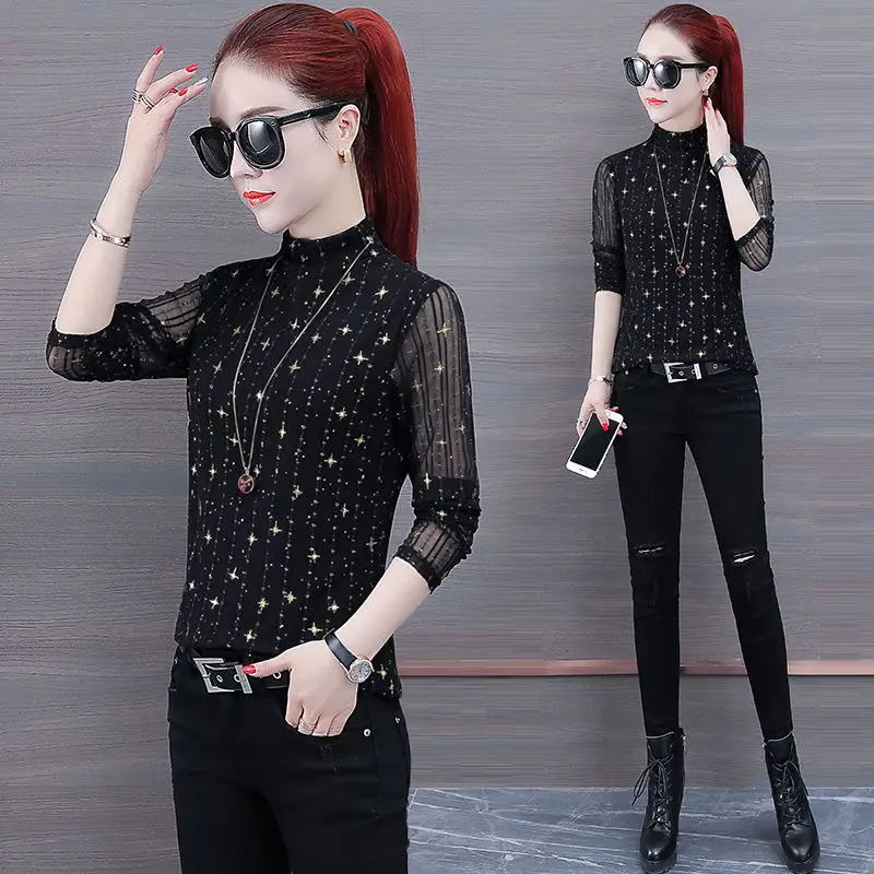 Bottoming T-shirt Women Half-height Collar Tops Mesh Blouse Thin/velvet Women's Long Sleeve Spring Autumn Lace Shirt
Bottoming T-shirt Women Half-height Collar Tops Mesh Blouse Thin/velvet Women's Long Sleeve Spring Autumn Lace Shirt