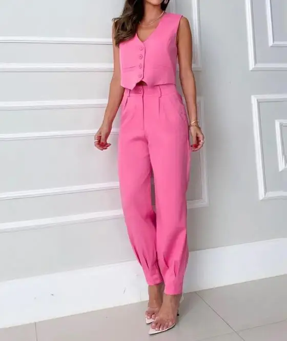 Summer Button Pocket Casual V-Neck Sleeveless Top and Pants Two Piece Set 2023 New Hot Selling Fashion Women's Wear
Summer Button Pocket Casual V-Neck Sleeveless Top and Pants Two Piece Set 2023 New Hot Selling Fashion Women's Wear