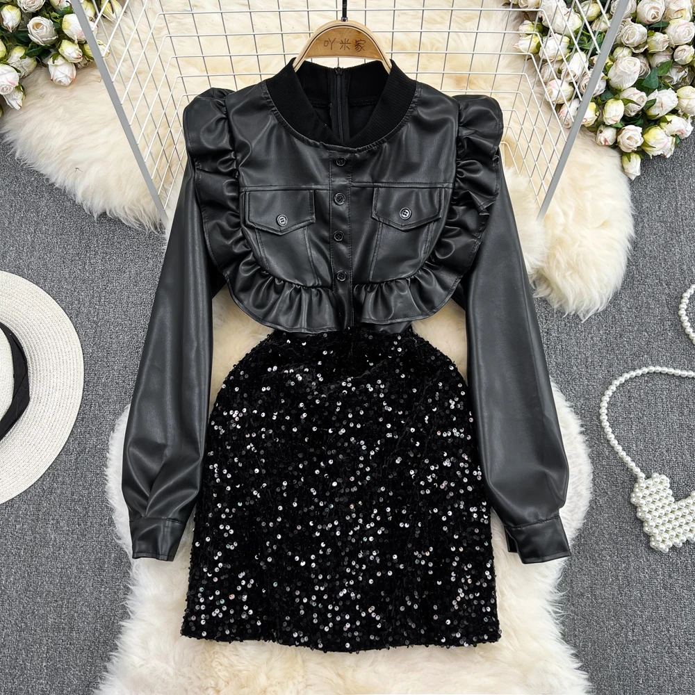 Retro Senior Sensual Spice Girl Long Sleeve PU Leather Peplum Spliced Sequins Waist Slimming Hip Wrap Skirt 
Retro Senior Sensual Spice Girl Long Sleeve PU Leather Peplum Spliced Sequins Waist Slimming Hip Wrap Skirt