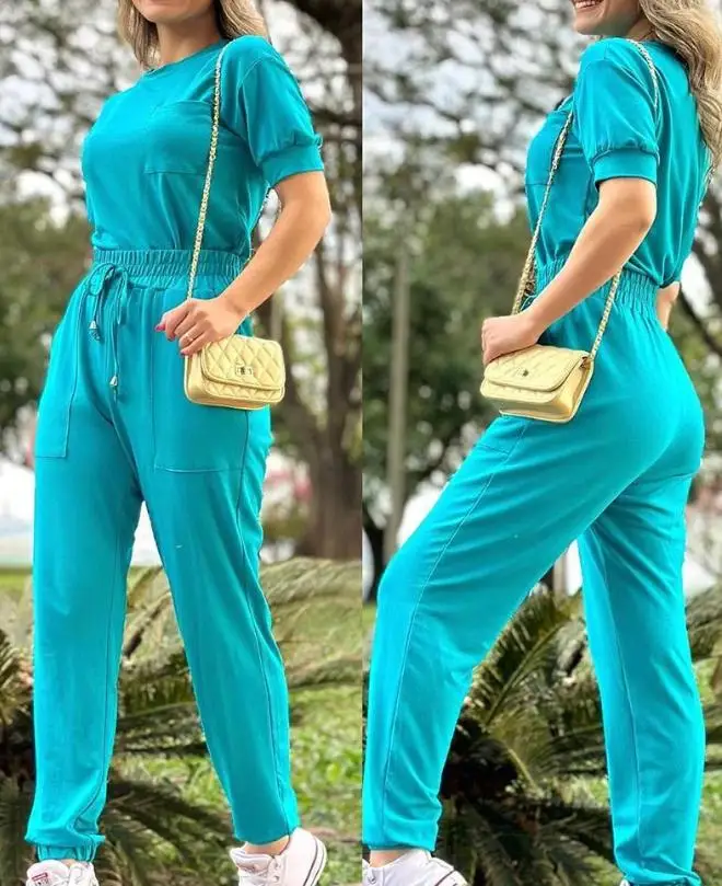 Casual Two Piece Set Women Outfit 2023 Summre Round Neck Pocket Design Short Sleeve Top & Drawstring Pants Set Fashion Suits New
Casual Two Piece Set Women Outfit 2023 Summre Round Neck Pocket Design Short Sleeve Top & Drawstring Pants Set Fashion Suits New