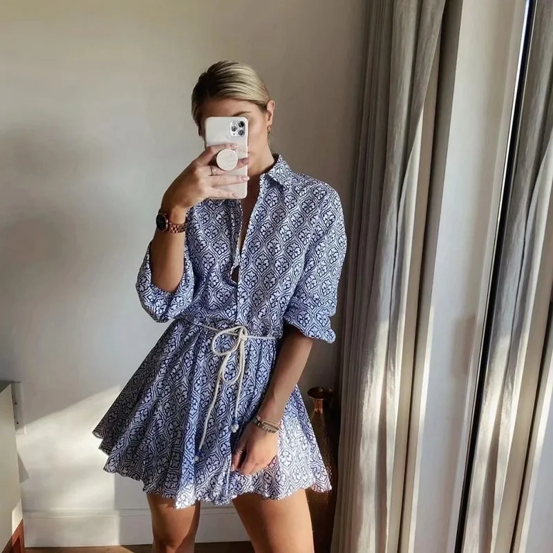 Women Vintage Fashion Totem Floral Print Big Swing Ruffles Mini Shirt Dress Female Chic Breasted Lace Up Sashes Vestidos 2022
Women Vintage Fashion Totem Floral Print Big Swing Ruffles Mini Shirt Dress Female Chic Breasted Lace Up Sashes Vestidos 2022