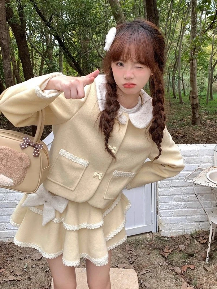 

Japanese Style Kawaii 2 Piece Set Woman Warm Fashion Suit Caual Cute Coat + Mini Cake Skirt Lace Elegant Clothing 2023 Autumn