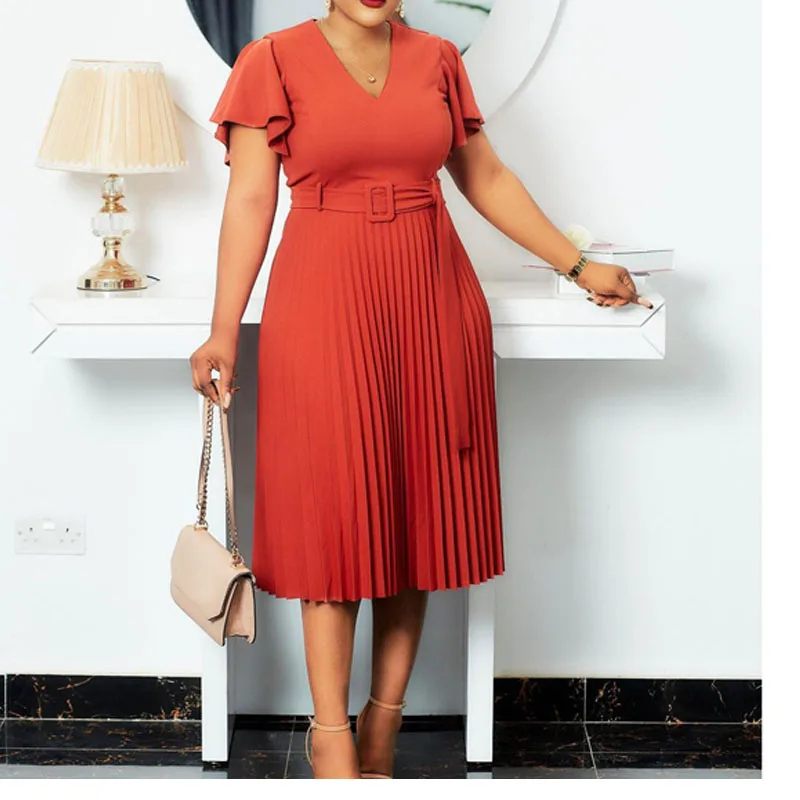 Summer Women Candy Color Loose Pleated Dress Fashion V-neck Ruffle Sleeve Solid Dress With Belt Elegant A-line Female Outwear
Summer Women Candy Color Loose Pleated Dress Fashion V-neck Ruffle Sleeve Solid Dress With Belt Elegant A-line Female Outwear