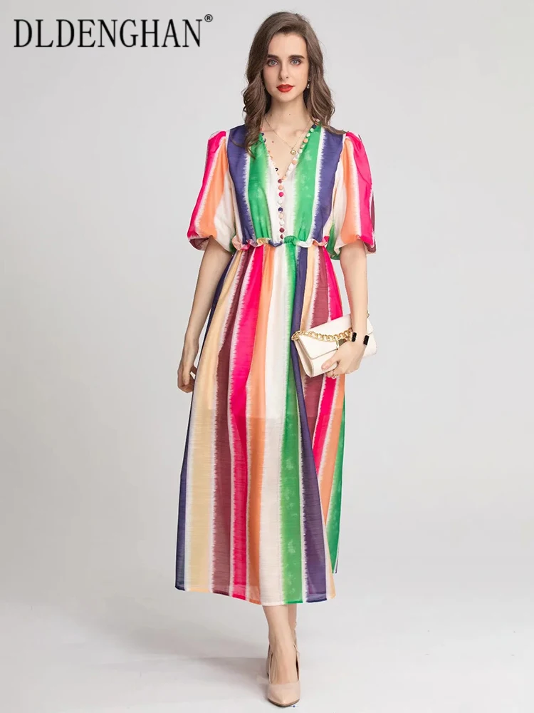 DLDENGHAN Women Dress V-Neck Puff Sleeve Ruffles Striped Print Single Breasted Vintage Long Dresses Fashion Designer Summer New
DLDENGHAN Women Dress V-Neck Puff Sleeve Ruffles Striped Print Single Breasted Vintage Long Dresses Fashion Designer Summer New