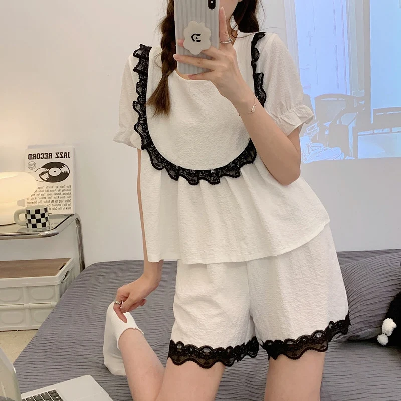 2022 Summer Sweet Lace Princess Short Sleeve Shorts Cotton Pajama Sets For Women Sleepwear Pyjamas Homewear Pijama Mujer Clothes
2022 Summer Sweet Lace Princess Short Sleeve Shorts Cotton Pajama Sets For Women Sleepwear Pyjamas Homewear Pijama Mujer Clothes