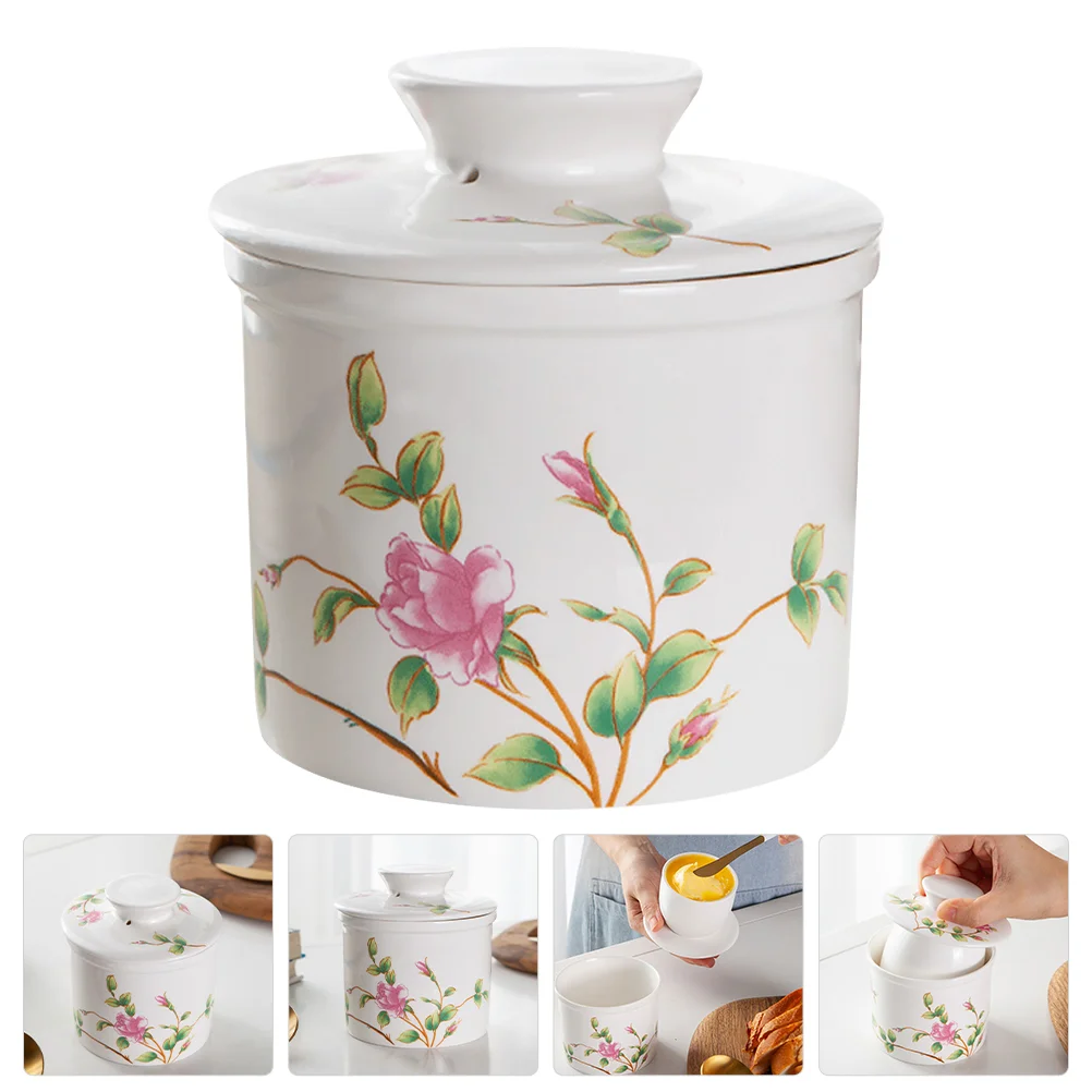 

Butter Jar French Keeper Countertop Dish Ceramic Crock Storage Porcelain Go Containers Lids Cheese Fridge Box Roses