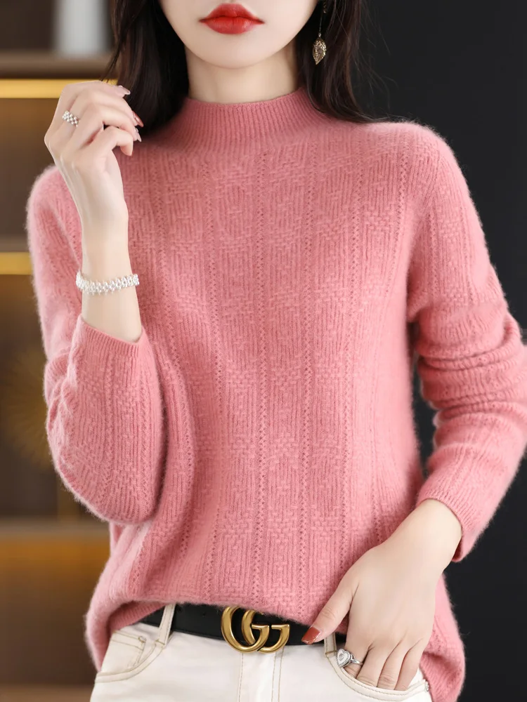 

New Style Spring Autumn Knitted Sweater Rolled Collar Thickened Twist Mock Neck 100% Cashmere Merino Wool High Quality