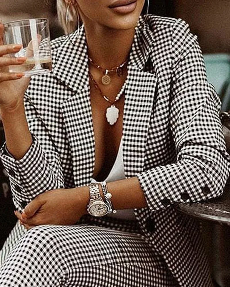 2022 Spring Autumn Women's Checked Slim Lapel Suit Set Casual Elegant Office Lady Long Sleeve Jacket & High Waist Trousers Sets 
2022 Spring Autumn Women's Checked Slim Lapel Suit Set Casual Elegant Office Lady Long Sleeve Jacket & High Waist Trousers Sets