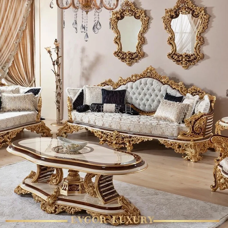

Custom European Luxury Solid Wood Sofa Cloth Art Log Carved Art Tea Table French Court Furniture Sofa Table Living Room