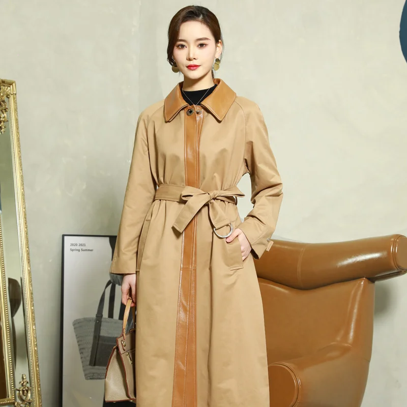 2023 Spring New Women's Windbreaker Mid length Solid Sheepskin Spliced Coat with Waistband Leather Coat Korean Version
2023 Spring New Women's Windbreaker Mid length Solid Sheepskin Spliced Coat with Waistband Leather Coat Korean Version