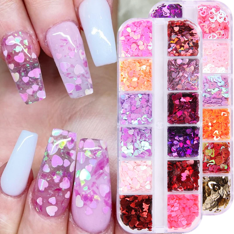 

12 Grids Love Heart Butterfly Nail Sequins Mixed Color Sparkle Nail Flakes Glitter 3D Nail Art Decorations Manicure Paillette