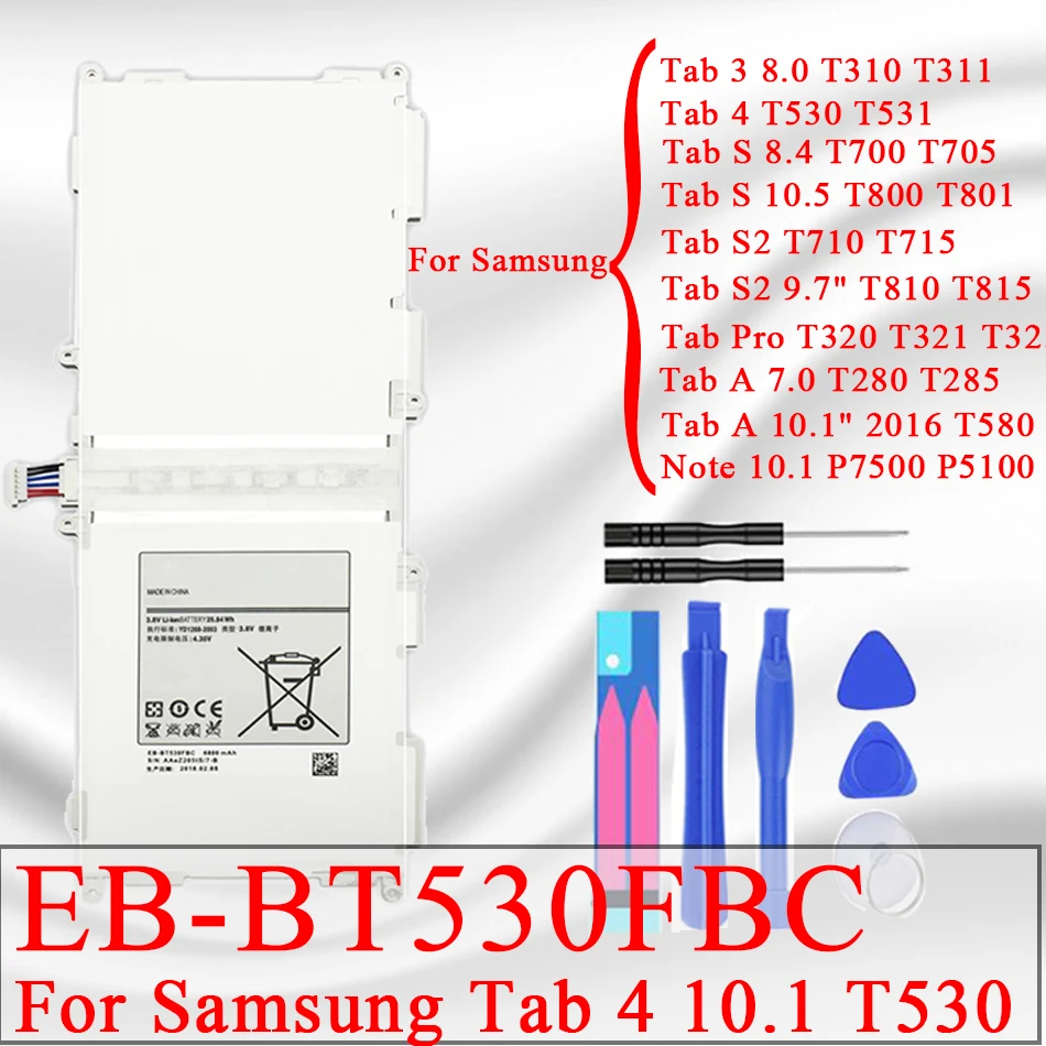 Tablet Battery EB-BT530FBC For Samsung GALAXY Tab 4 SM T530 T531 Tab S 10.5/2 7.0/S2 9.7"/S2 SM/3 8.0/Note 10.1/A 10.1"/Tab Pro
Tablet Battery EB-BT530FBC For Samsung GALAXY Tab 4 SM T530 T531 Tab S 10.5/2 7.0/S2 9.7"/S2 SM/3 8.0/Note 10.1/A 10.1"/Tab Pro