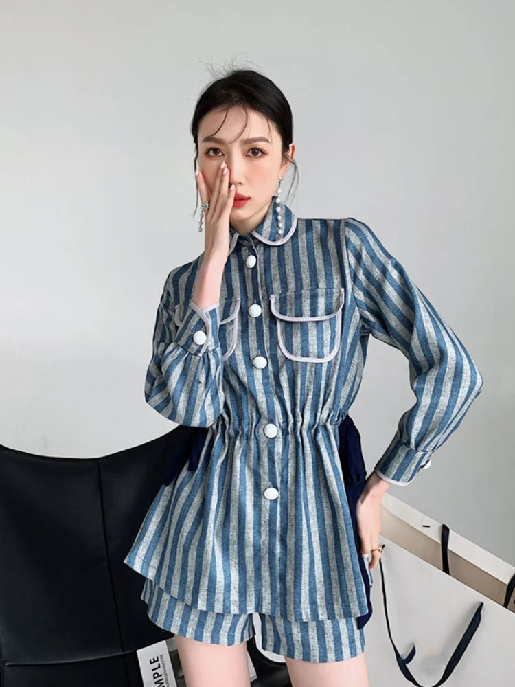 Striped Shorts Suit For Women Turn-down Collar Long Sleeve Single Breasted Tops Set Fashion 2022 Autumn Summer G637
Striped Shorts Suit For Women Turn-down Collar Long Sleeve Single Breasted Tops Set Fashion 2022 Autumn Summer G637