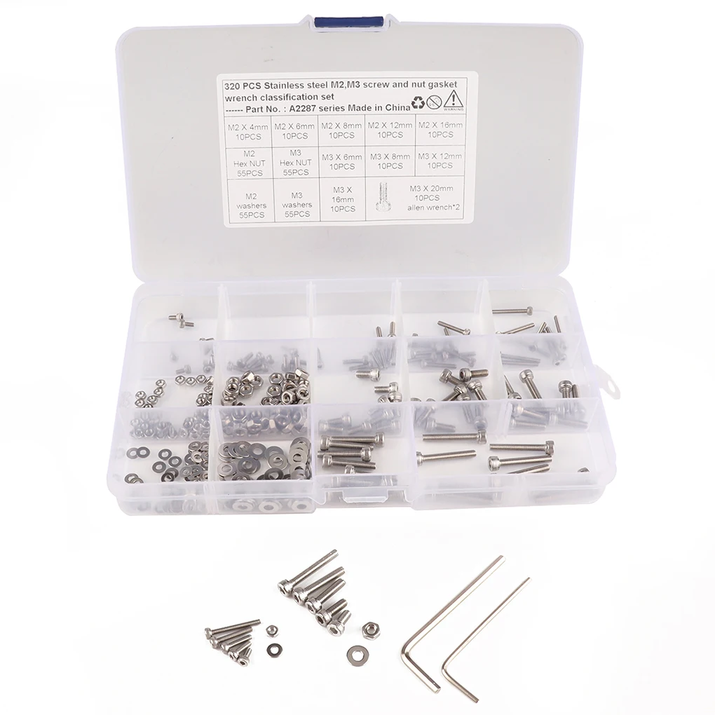 320PCS Set M2 M3 Stainless Steel Flat Head Screw Hex Socket Screw Bolts Nuts Washers Fastener Assortment Kit
320PCS Set M2 M3 Stainless Steel Flat Head Screw Hex Socket Screw Bolts Nuts Washers Fastener Assortment Kit