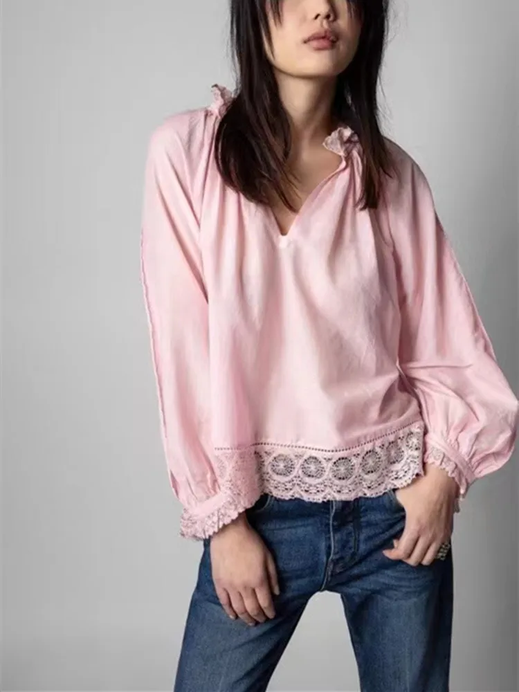 

Женская кружевная блузка, элегантная рубашка с длинным рукавом, женский розовый топ, весна 2022