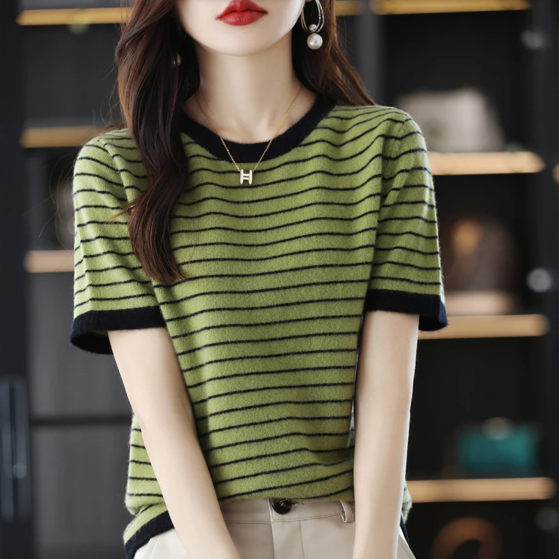 New Spring And Autumn Pure Wool Striped Short-Sleeved Knitted Bottoming Shirt Women's Loose Joker Round Neck Casual Thin T-Shirt
New Spring And Autumn Pure Wool Striped Short-Sleeved Knitted Bottoming Shirt Women's Loose Joker Round Neck Casual Thin T-Shirt