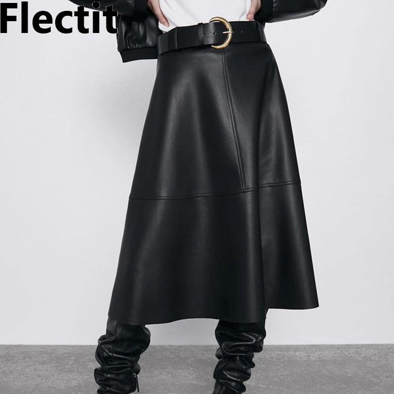 Flectit Women Leather Skirt With Belt High Waist A-line Black Faux Leather Midi Skirt Ladies Saia High Street 
Flectit Women Leather Skirt With Belt High Waist A-line Black Faux Leather Midi Skirt Ladies Saia High Street