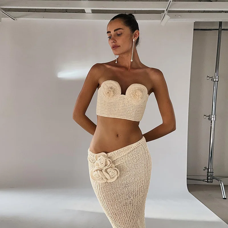Summer Knitted Dress Set Women Sexy See Through Beach Vacation Outfits Beige Bandage Tube Top Two Piece Maxi Skirt Set 2023 New
Summer Knitted Dress Set Women Sexy See Through Beach Vacation Outfits Beige Bandage Tube Top Two Piece Maxi Skirt Set 2023 New