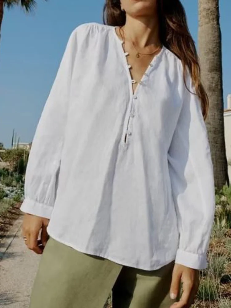 2023 Women Summer Shirts Blouses Tops Fashion Solid Loose V-Neck Linen Female Elegant Street Top Clothing
2023 Women Summer Shirts Blouses Tops Fashion Solid Loose V-Neck Linen Female Elegant Street Top Clothing