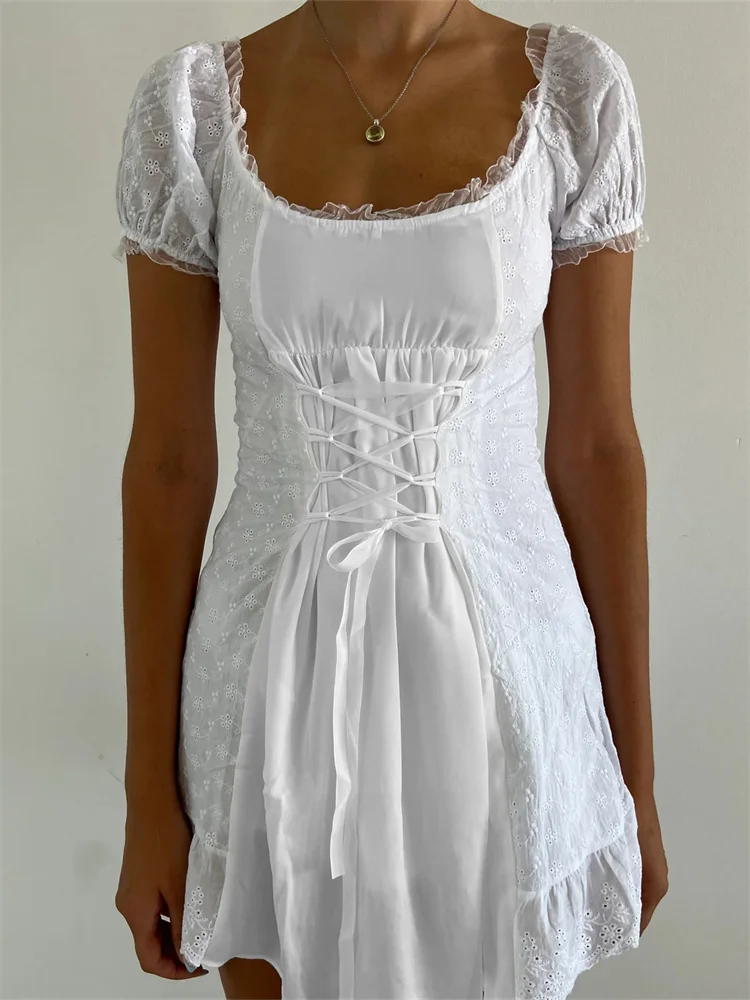 CHRONSTYLE Elegant Women Summer Mini Dress Short Sleeve Square Neck Floral Jacquard Patchwork Criss-Cross Tie-Up Short Vestidos
CHRONSTYLE Elegant Women Summer Mini Dress Short Sleeve Square Neck Floral Jacquard Patchwork Criss-Cross Tie-Up Short Vestidos
