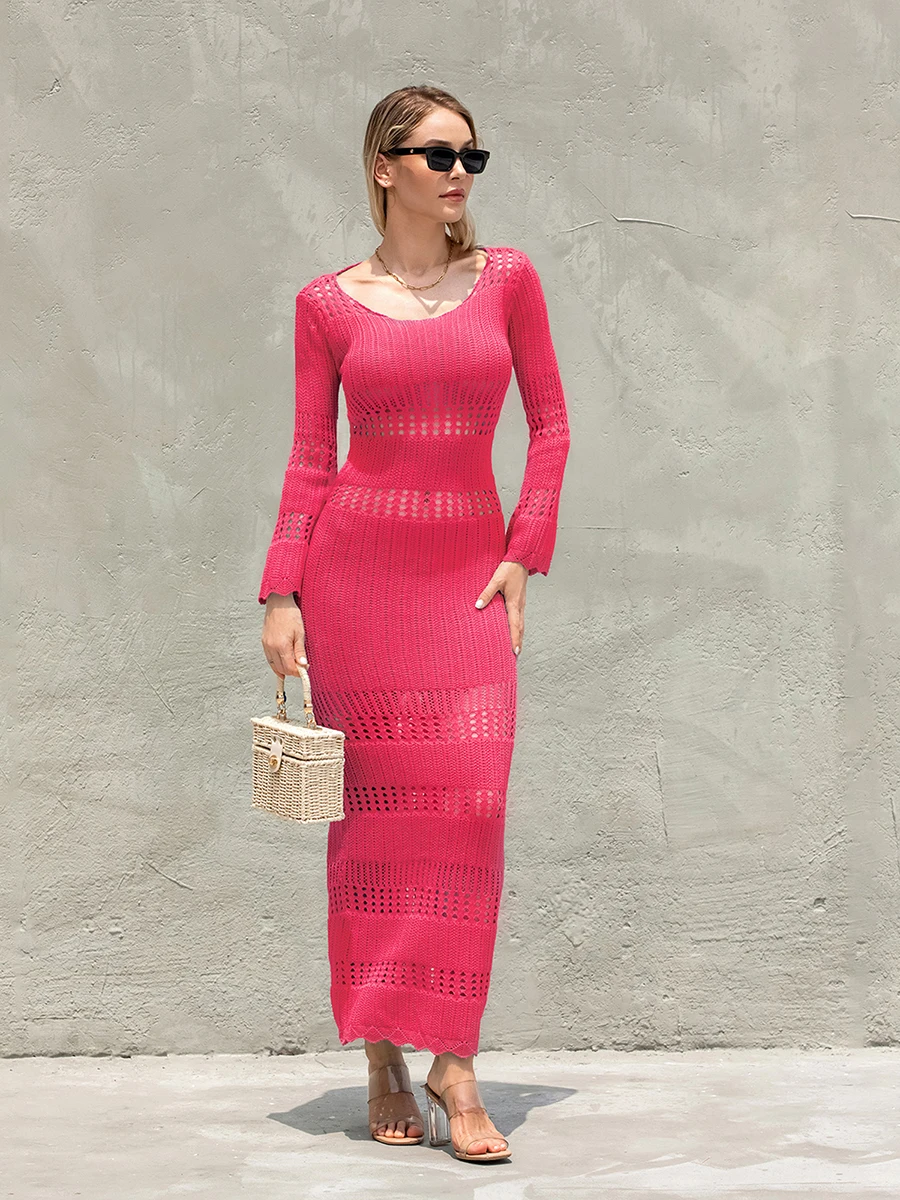 Women Solid Color Long Bodycon Dress Knit Hollow-Out Long Sleeve Back Tie-Up Backless Dress for Beach Party Cocktail
Women Solid Color Long Bodycon Dress Knit Hollow-Out Long Sleeve Back Tie-Up Backless Dress for Beach Party Cocktail