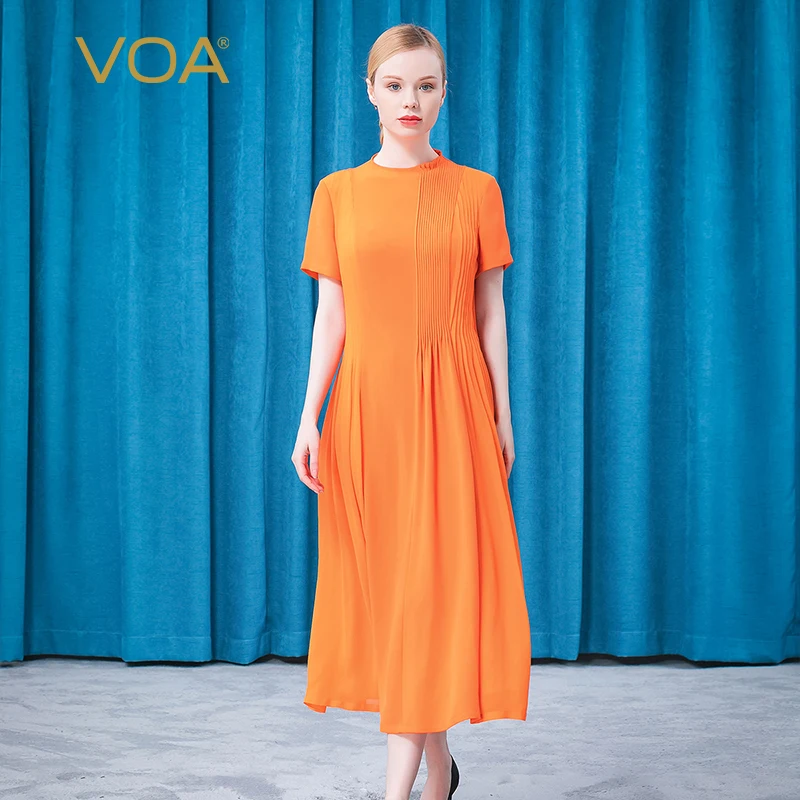 VOA 30m/m Silk Heavy Round Neck Short Sleeve Orange Tucker Pleat Asymmetric Bump Splicing Large Pendulum Dress AE793
VOA 30m/m Silk Heavy Round Neck Short Sleeve Orange Tucker Pleat Asymmetric Bump Splicing Large Pendulum Dress AE793
