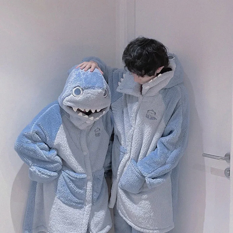 

Winter Thick Warm Flannel Pajama Set For Lovers Coral Velvet Sleepwear Suit Shark appearance Pyjamas Lounge Homewear Home Clothe