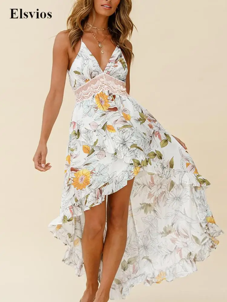 Elegant Lace-up Backless Floral Beach Dress Women Fashion V Neck Ruffle Irregular Dress Sexy Lace Hollow Out Sling Party Dresses
Elegant Lace-up Backless Floral Beach Dress Women Fashion V Neck Ruffle Irregular Dress Sexy Lace Hollow Out Sling Party Dresses