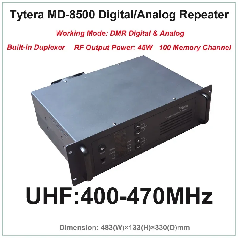 Tytera TYT MD-8500 UHF 400-470MHz DMR Digital & Analog Professional Walkie Talkie Repeater with Duplexer(RF Output Power 45W)
Tytera TYT MD-8500 UHF 400-470MHz DMR Digital & Analog Professional Walkie Talkie Repeater with Duplexer(RF Output Power 45W)
