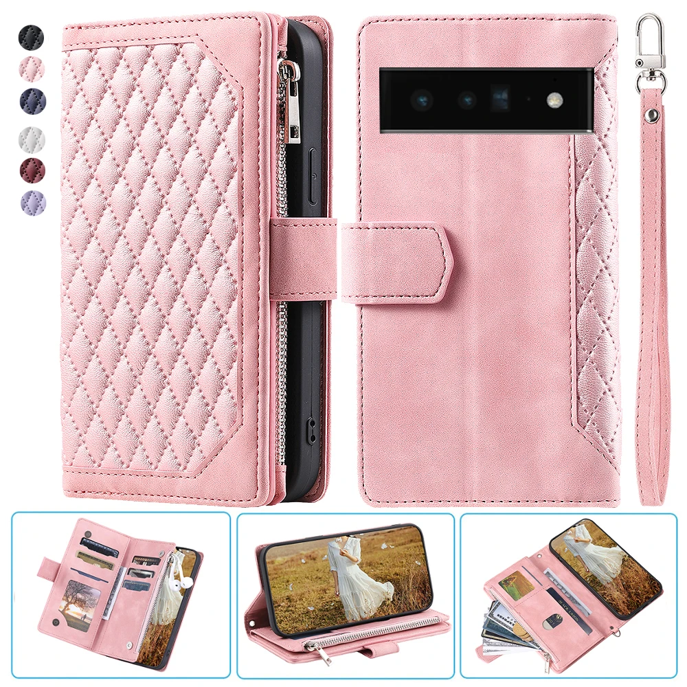 

Google Pixel 6 Pro Fashion Small Fragrance Zipper Wallet Leather Case Flip Cover Multi Card Slots Cover Folio with Wrist Strap