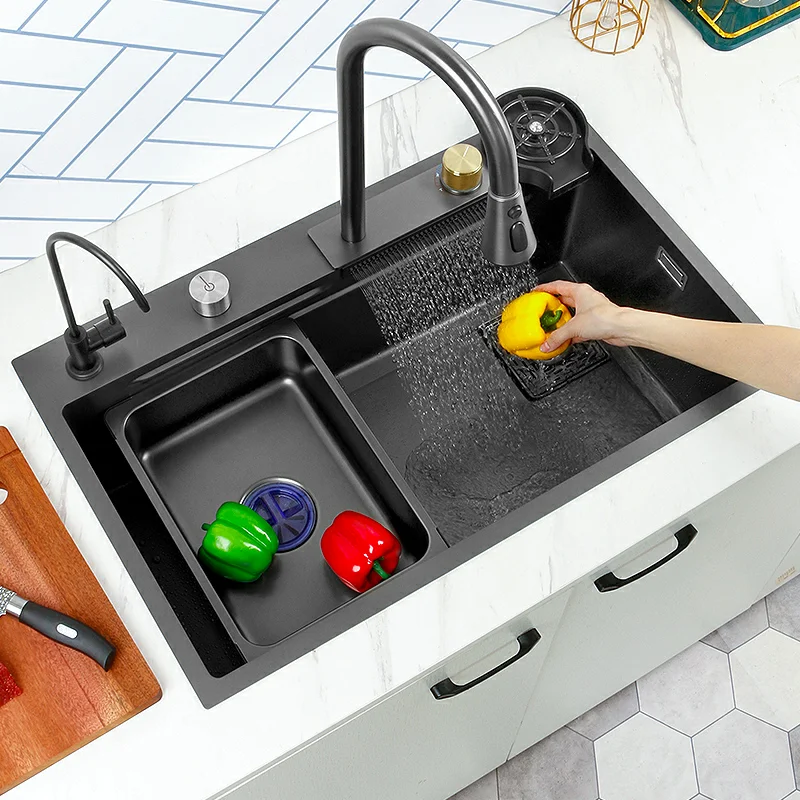 Kitchen Sink Waterfall Faucet Black Steel Sink Large Single Bowl Wash Basin Sink Multi Function Dishwasher Kitchen Accessories
Kitchen Sink Waterfall Faucet Black Steel Sink Large Single Bowl Wash Basin Sink Multi Function Dishwasher Kitchen Accessories