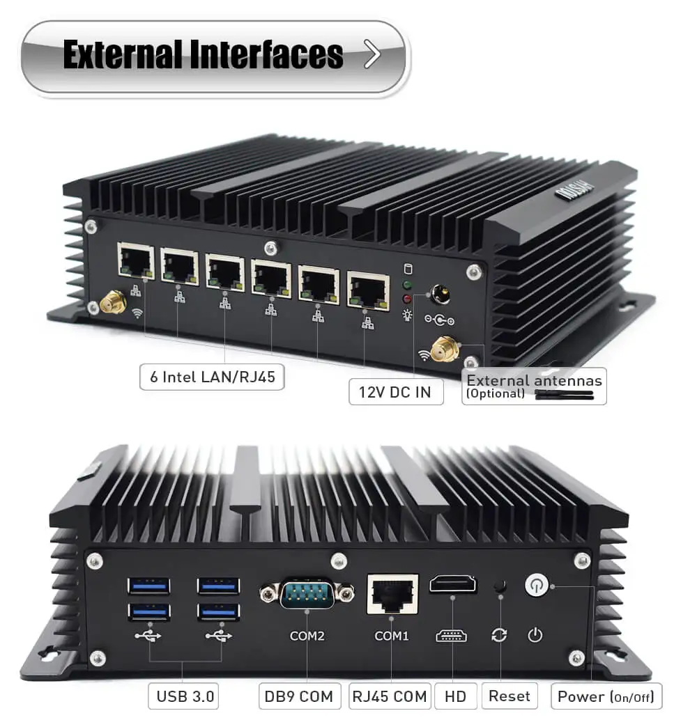 Промышленный мини-ПК без вентилятора 6 Lan Intel Core i5 7267U i3 8145U 4 * USB3.0 2 * RS232 HDMI брандмауэр ПК Pfsense маршрутизатор
Промышленный мини-ПК без вентилятора 6 Lan Intel Core i5 7267U i3 8145U 4 * USB3.0 2 * RS232 HDMI брандмауэр ПК Pfsense маршрутизатор